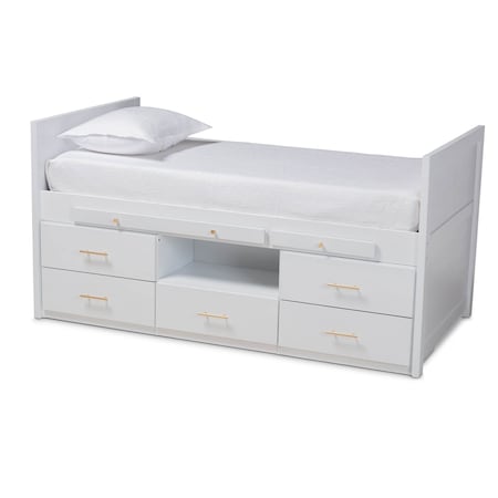 Baxton Studio Mirza White Wood 5-Drawer Twin Size Storage Bed with Pull-Out Desk 169-10829
